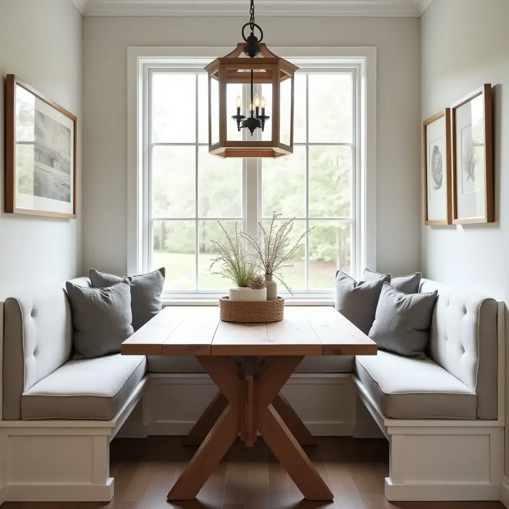 a photo of a breakfast nook with a farmhouse table and vintage accessories