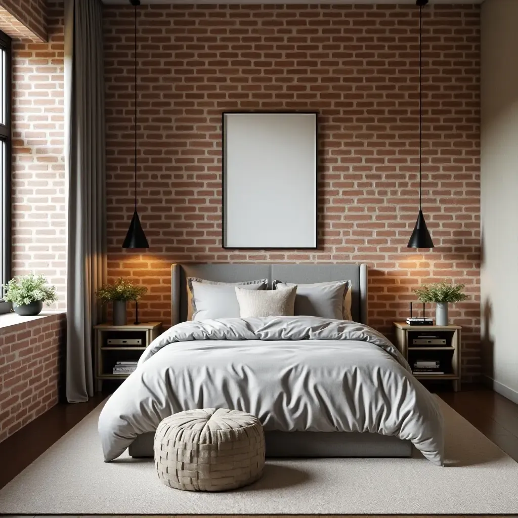 a photo of a kids&#x27; bedroom with exposed brick walls and metal accents