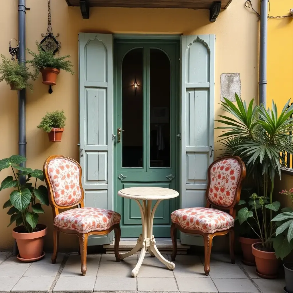 a photo of a quaint balcony with vintage chairs and a small bistro table