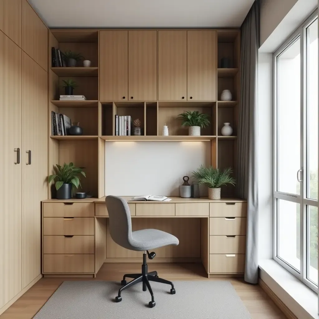 a photo of a trendy bedroom with a wall-mounted desk and storage