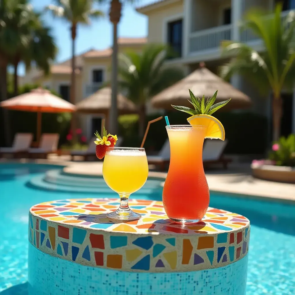 a photo of a colorful mosaic-tiled bar with tropical cocktails by the poolside