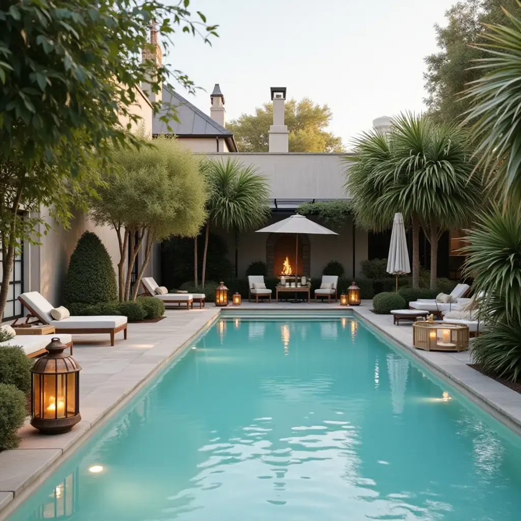 a photo of a serene pool area featuring metallic lanterns and chic seating