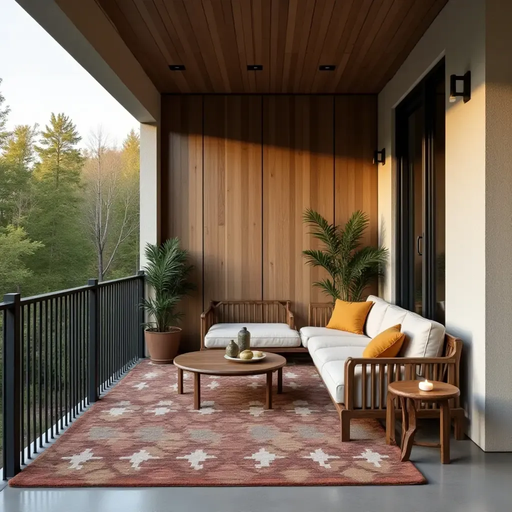 a photo of a balcony with a mix of textures and colors for comfort