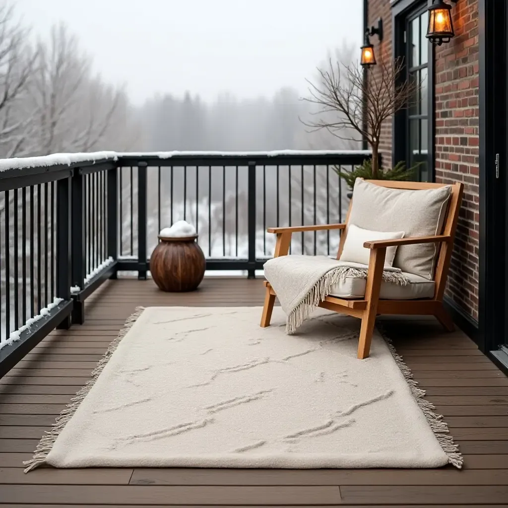 a photo of a cozy wool rug on a winter-ready balcony