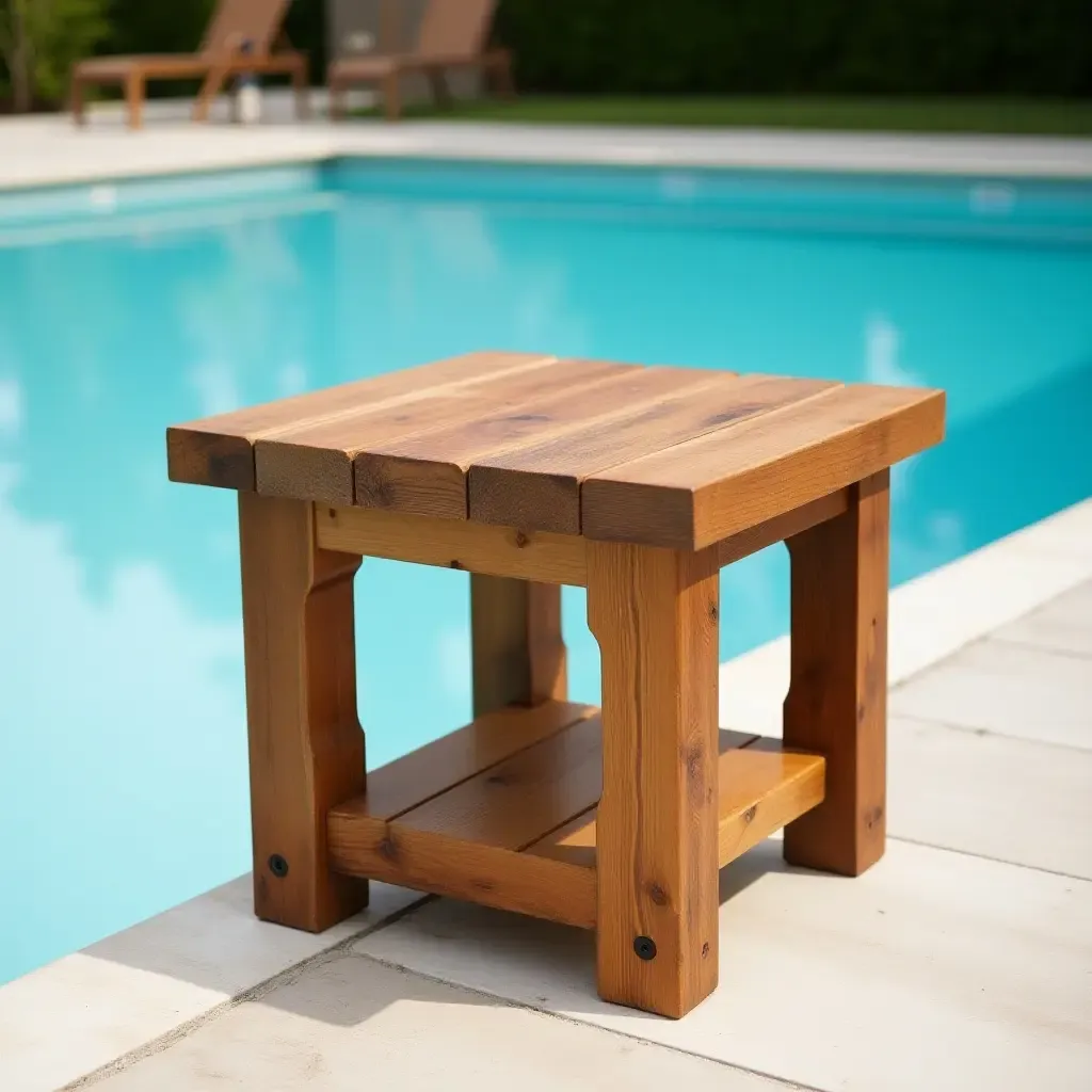 a photo of a rustic side table made from reclaimed wood by the pool