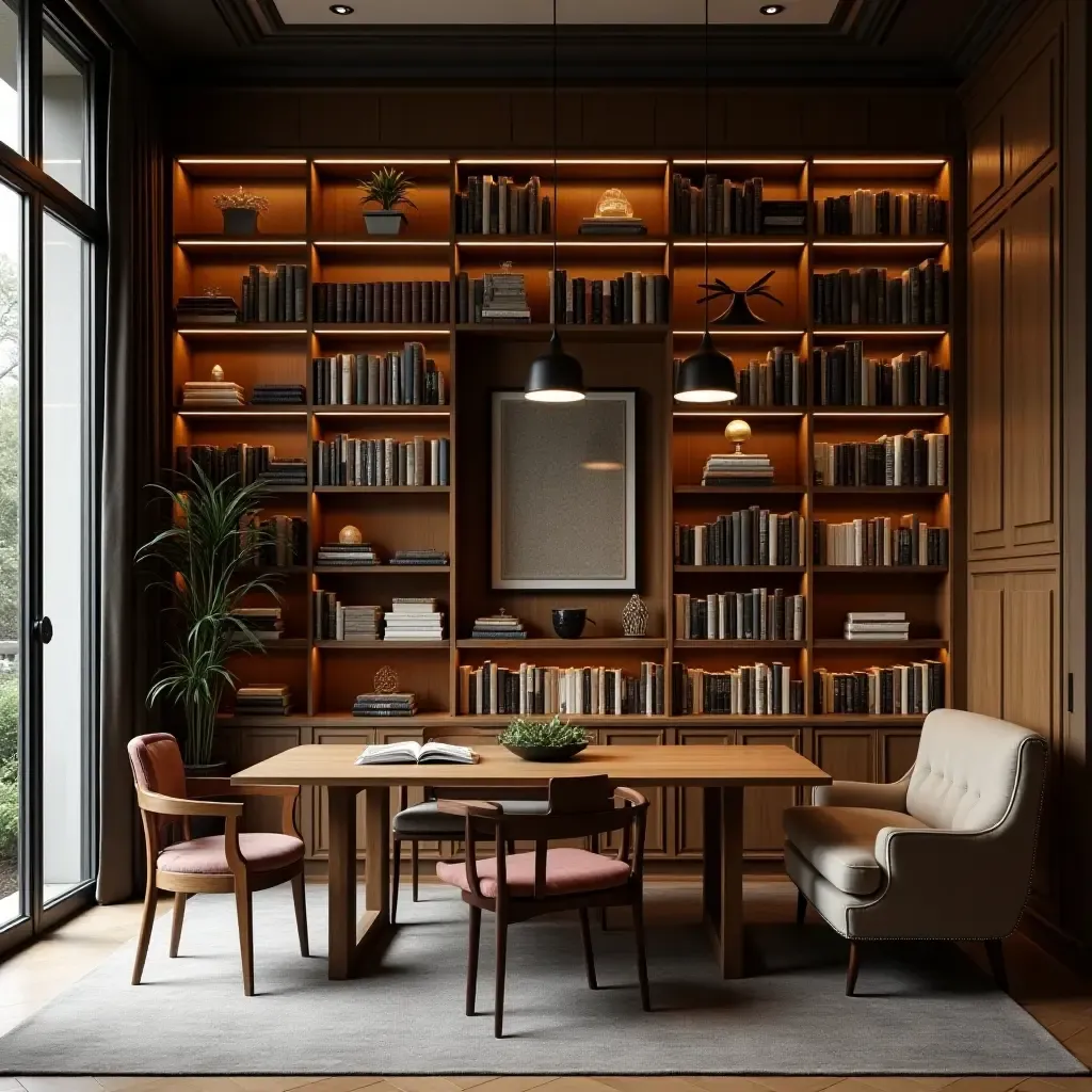 a photo of a stylish library combining vintage bookcases with modern lighting fixtures