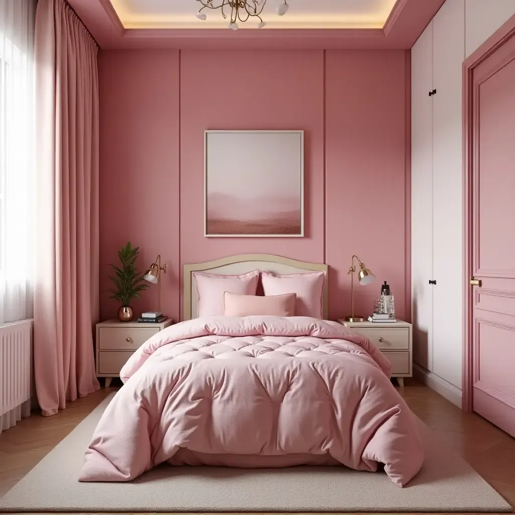 a photo of a vibrant bedroom for kids with metallic pink decor elements