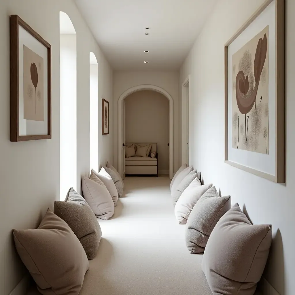 a photo of a stylish corridor with throw pillows arranged in a creative way