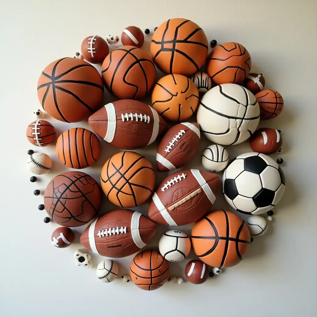 a photo of a sports-themed wall art featuring various balls