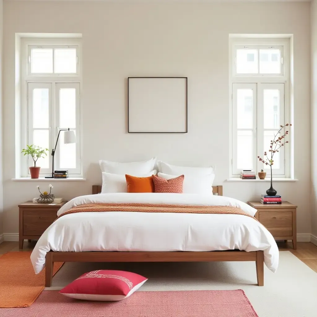 a photo of a serene bedroom featuring a simple bed and colorful textiles