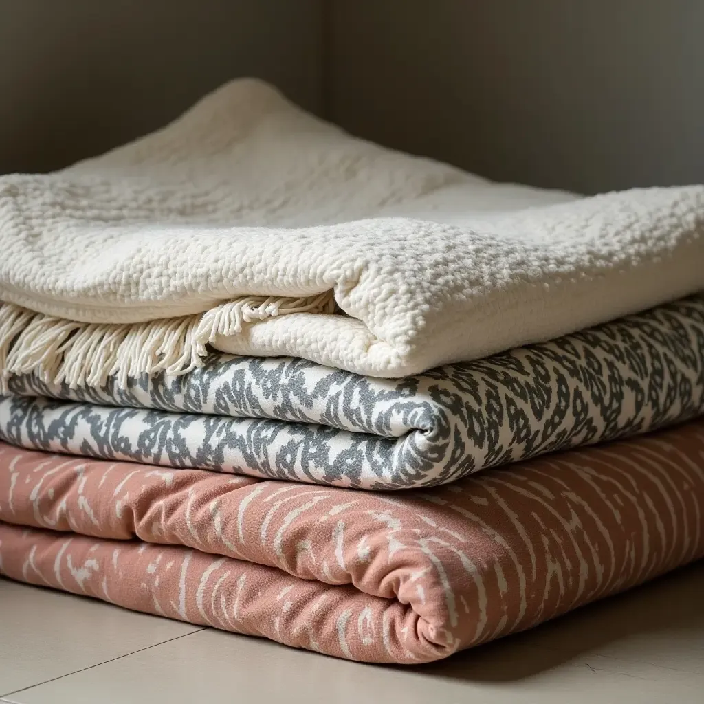 a photo of a layered bedding arrangement with different textures and patterns