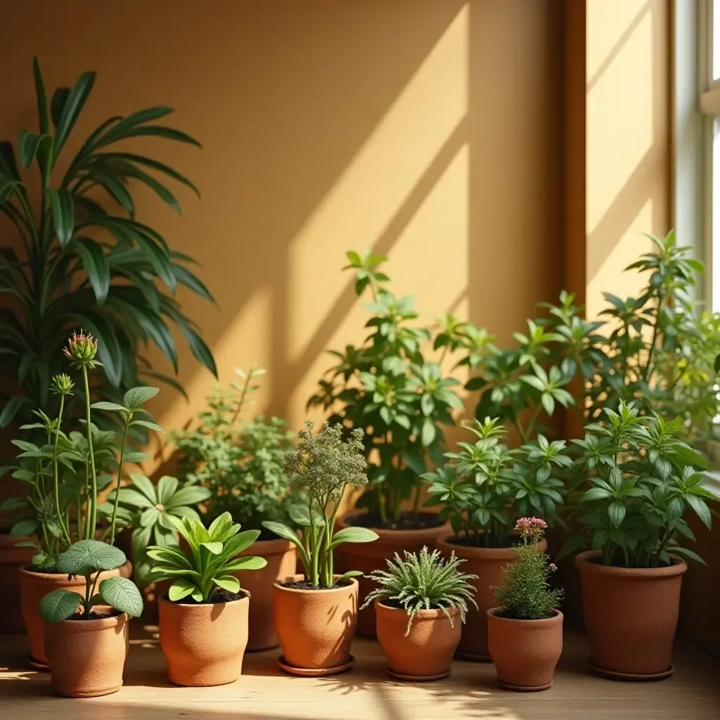 a photo of a warm space with a variety of small plants