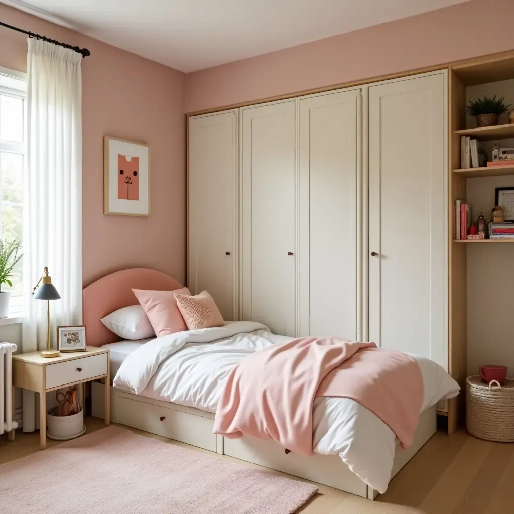 a photo of a bright teen bedroom with a simple color scheme and ample storage