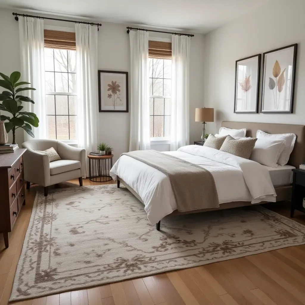 a photo of a rustic farmhouse-style rug in a cozy bedroom