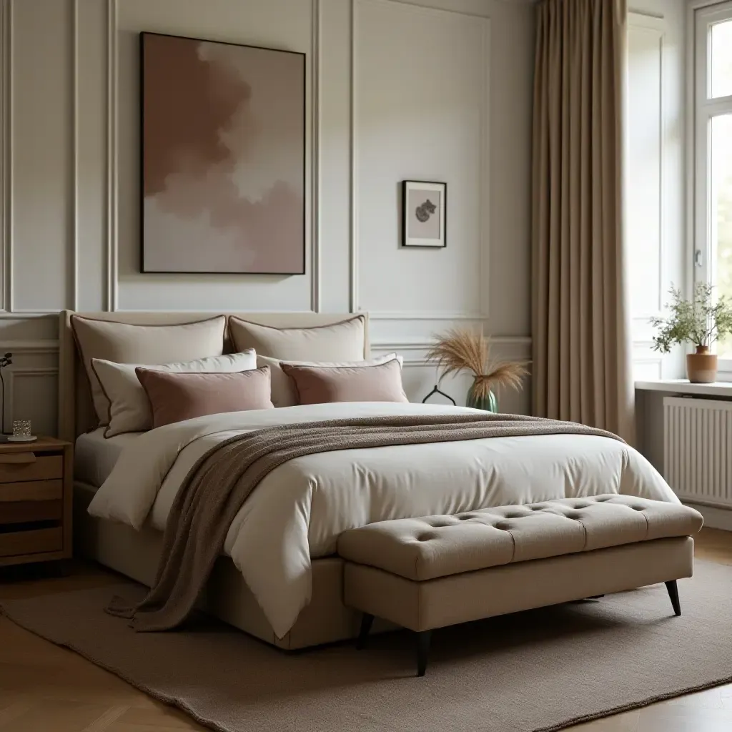 a photo of a chic storage bench at the foot of a bed