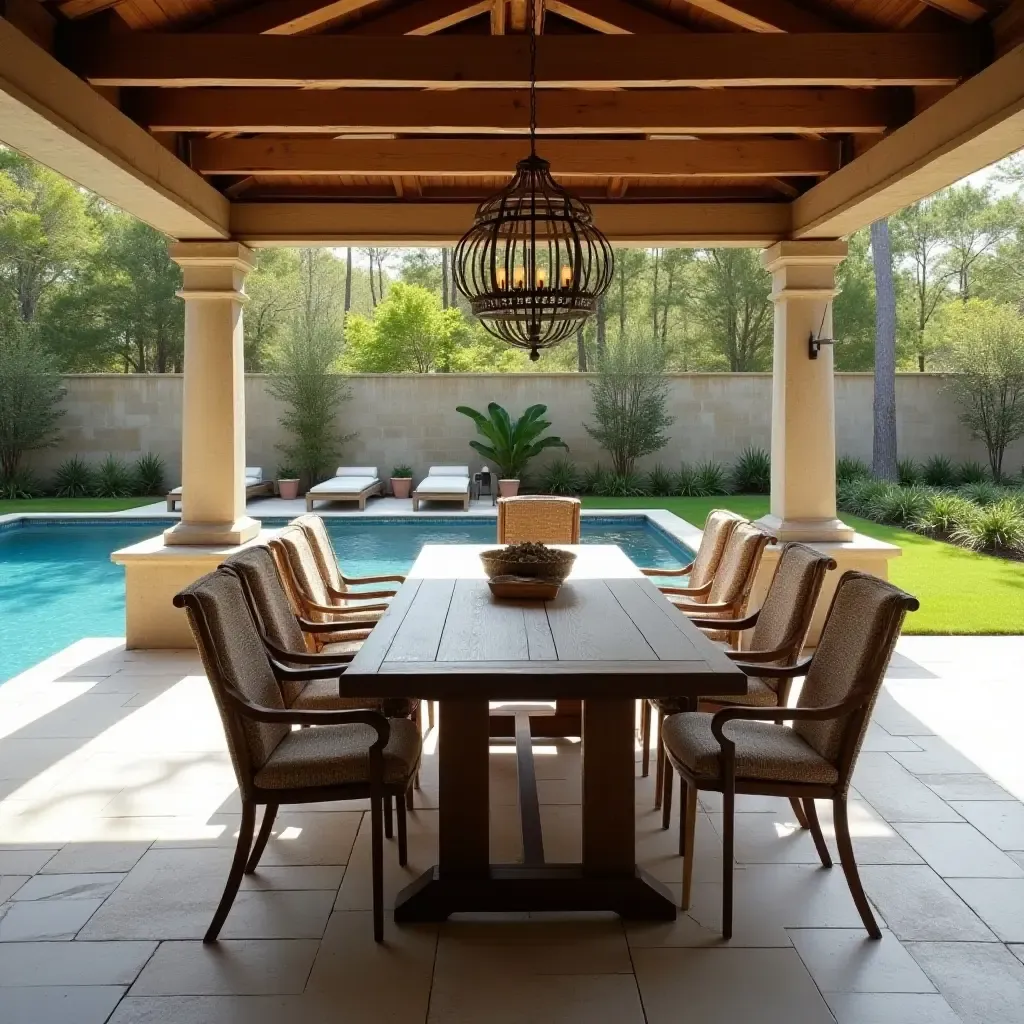 a photo of a rustic poolside dining area with a long farmhouse table and chairs