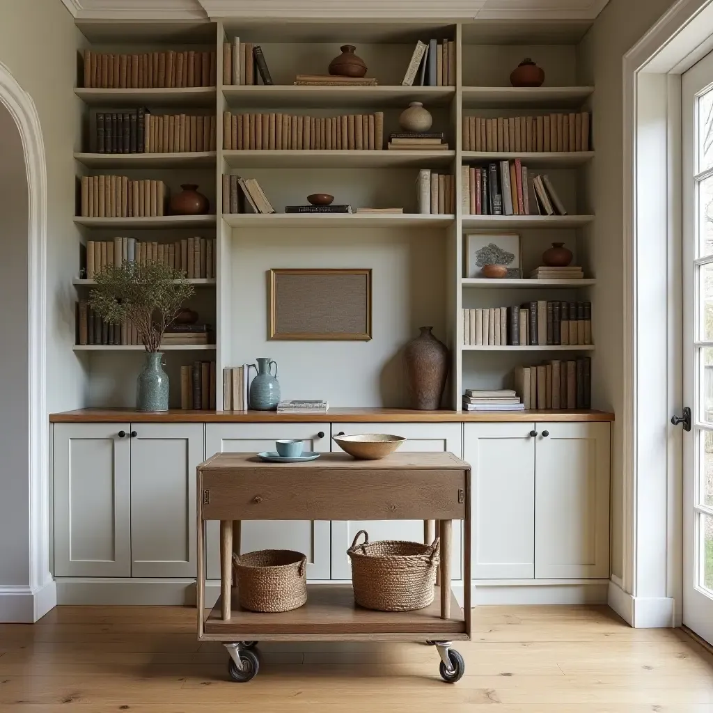 a photo of a farmhouse-style library with a wooden coffee cart and decor