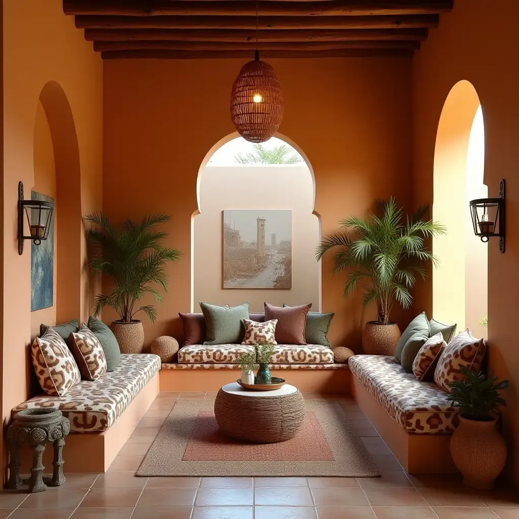 a photo of a Mediterranean-themed reading nook with patterned cushions and warm colors