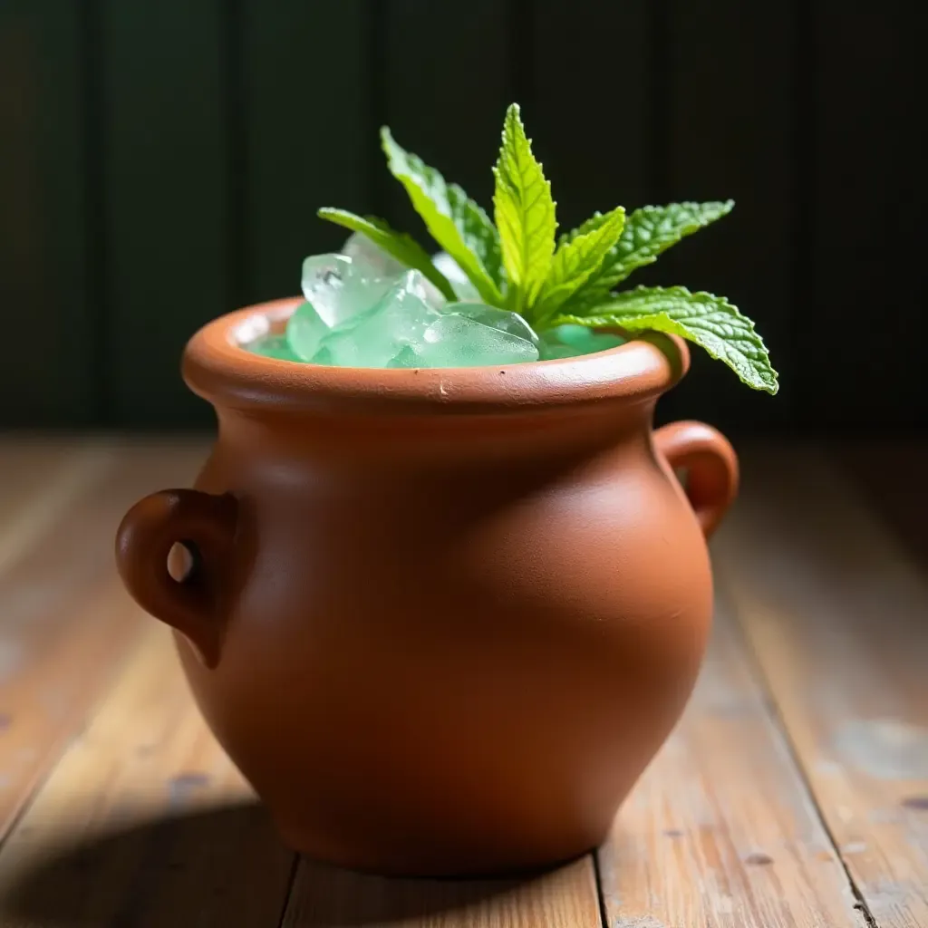 a photo of a rustic clay jar filled with rebujito, garnished with mint leaves.