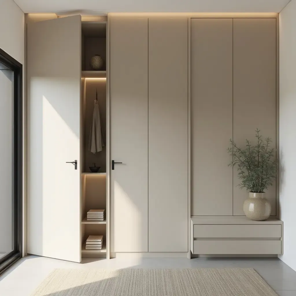 a photo of a minimalist entrance hall with built-in storage solutions