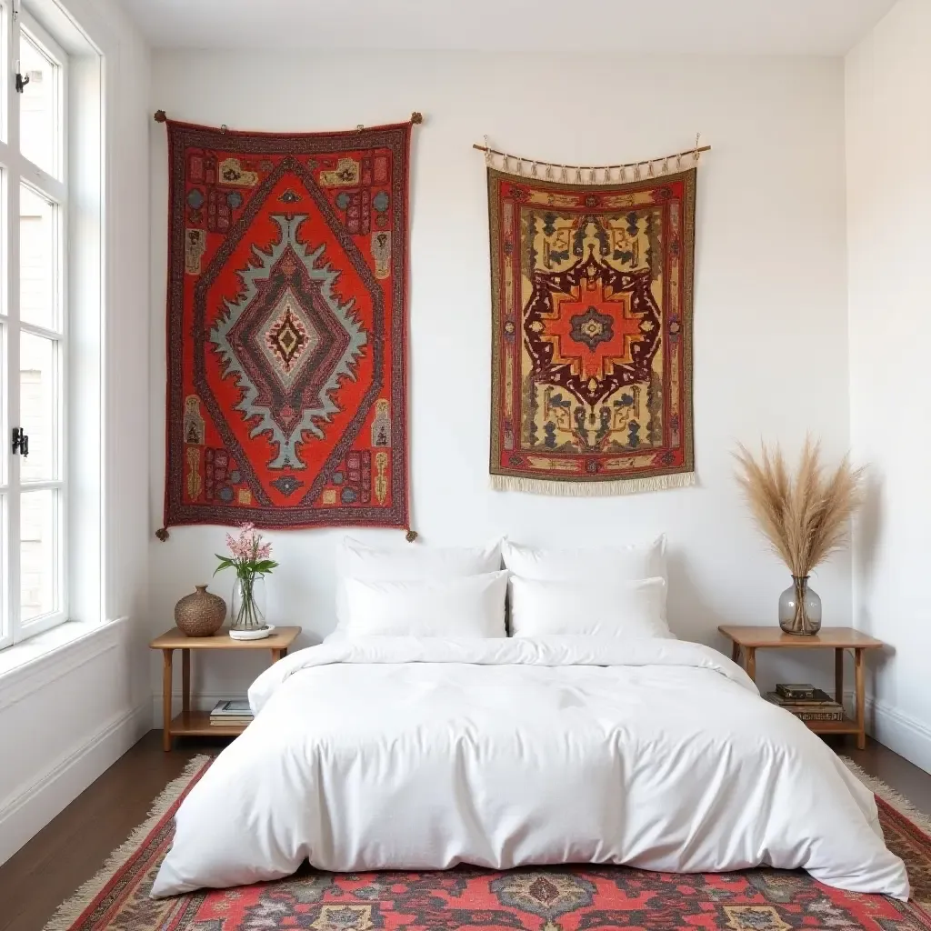 a photo of a bedroom with white walls and vibrant bohemian tapestries