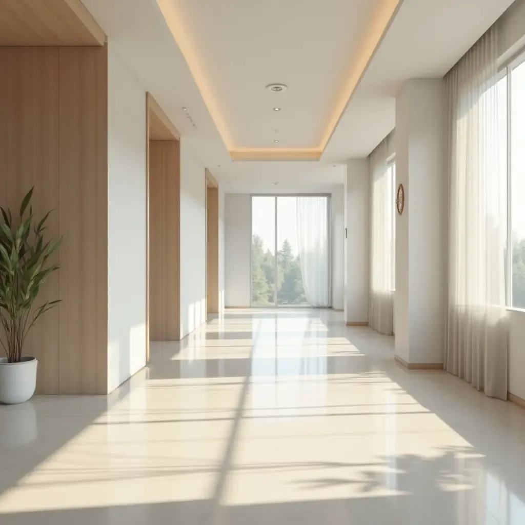 a photo of a spacious corridor with open layouts and natural light