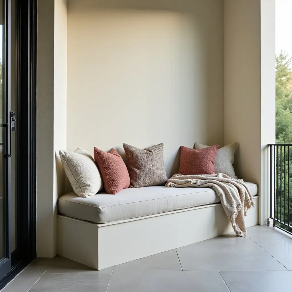 a photo of a balcony with a built-in bench and soft throw blankets