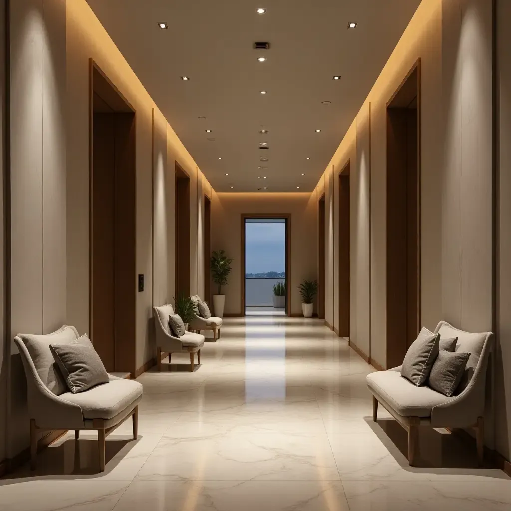 a photo of a modern corridor with sleek furniture arrangements