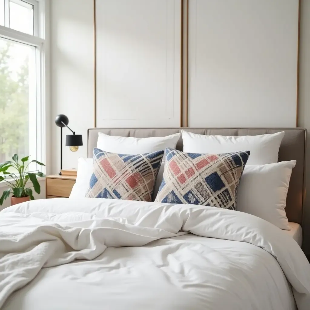 a photo of a modern teen room showcasing geometric throw pillows on the bed