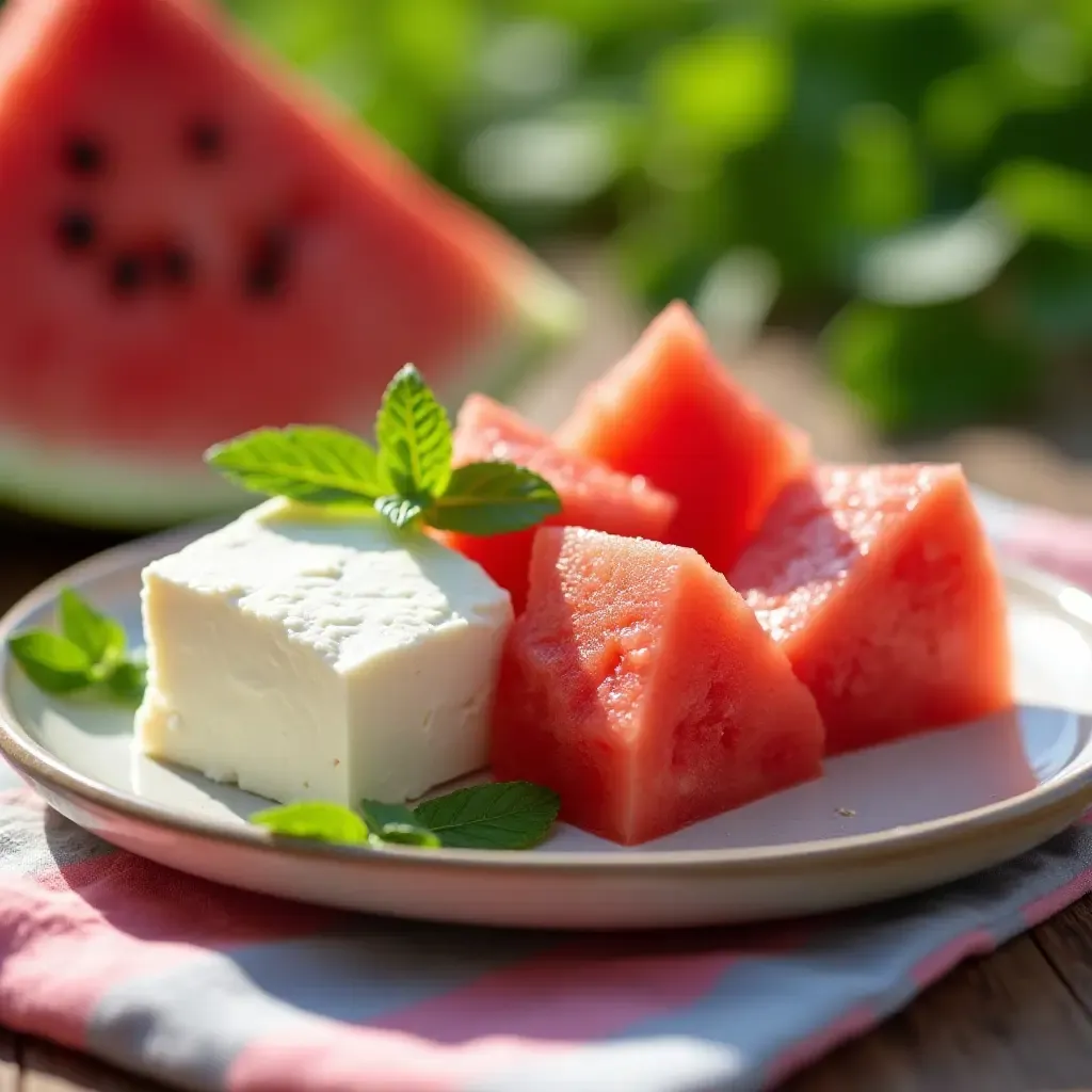 a photo of feta cheese with watermelon and fresh mint leaves on a summer picnic table.