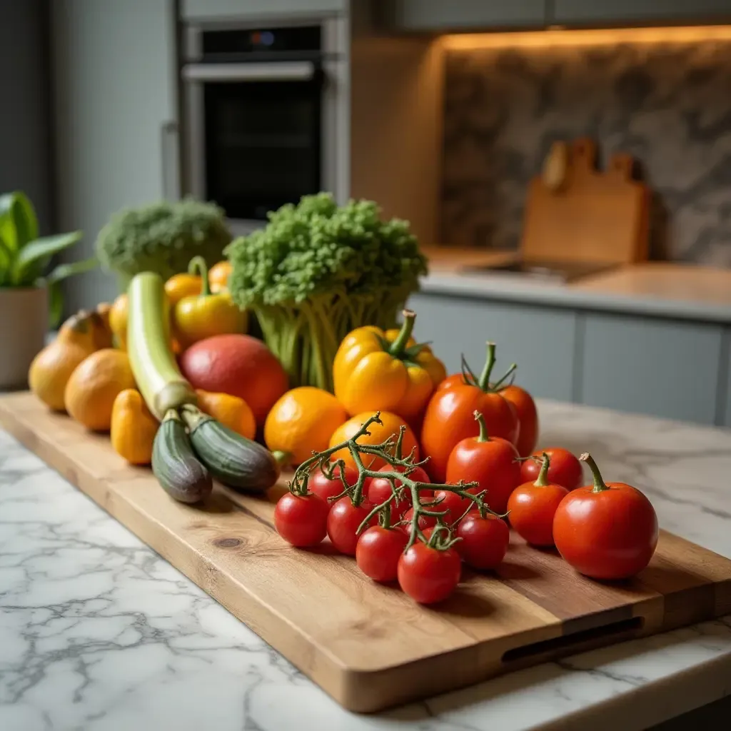 a photo of a countertop featuring a chic, modern fruit and vegetable display