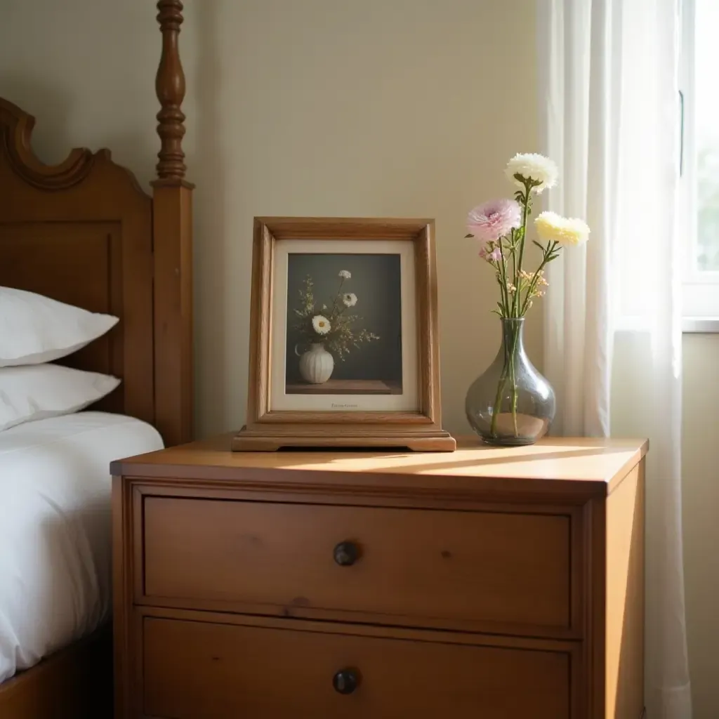 a photo of a vintage nightstand adorned with a clock and framed photo