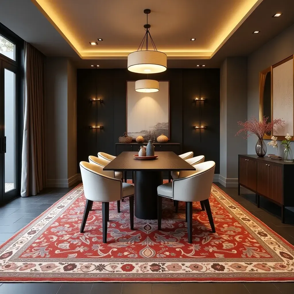 a photo of a sophisticated, elegant rug in a basement dining area