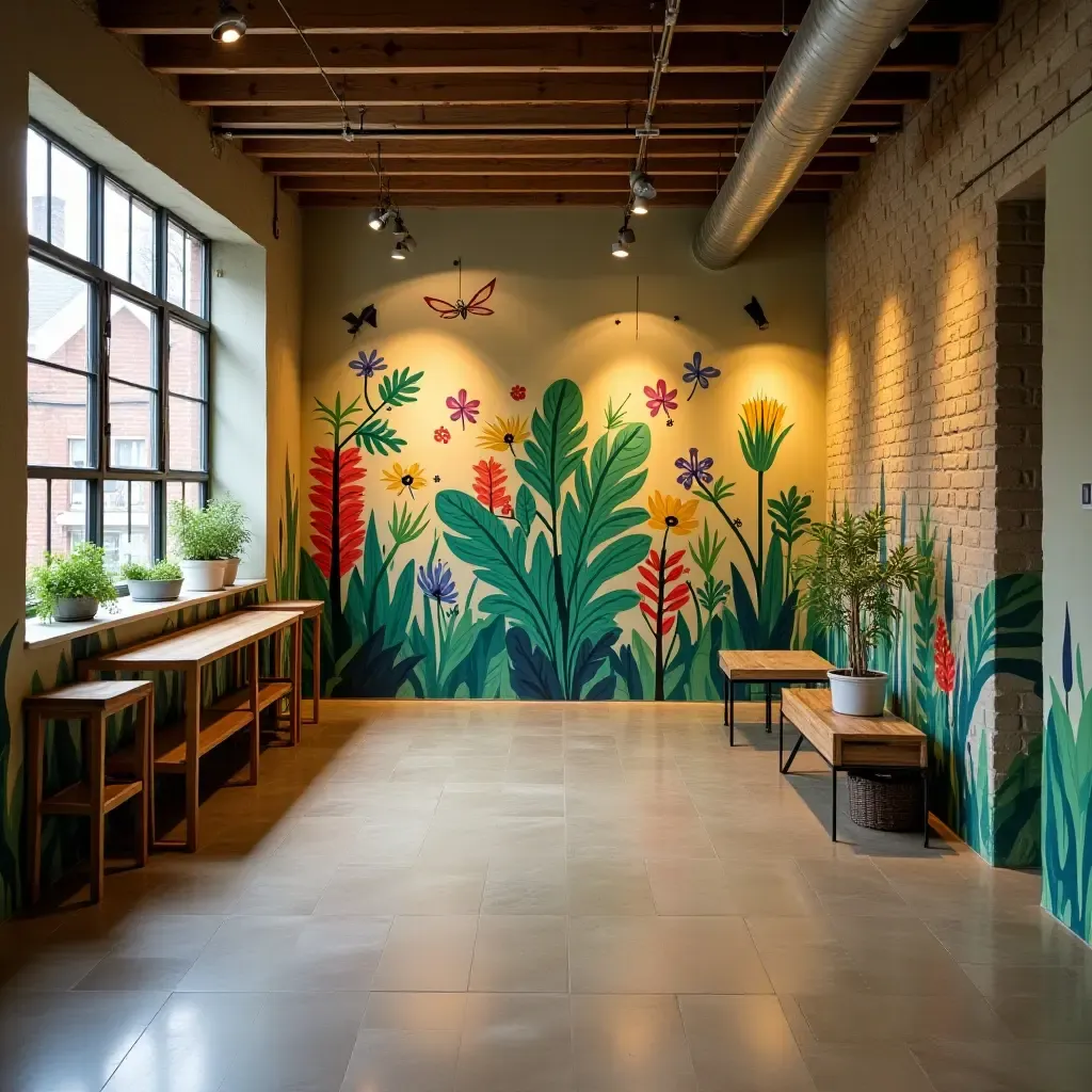 a photo of a basement with a colorful plant mural on the wall