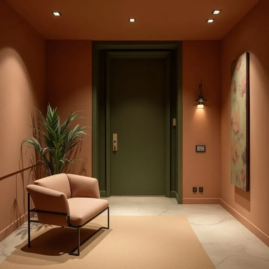 a photo of a basement with earthy olive green and rustic terracotta elements