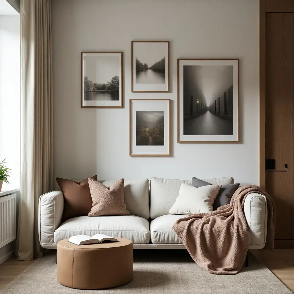 a photo of a reading nook with a gallery wall and a comfortable sofa