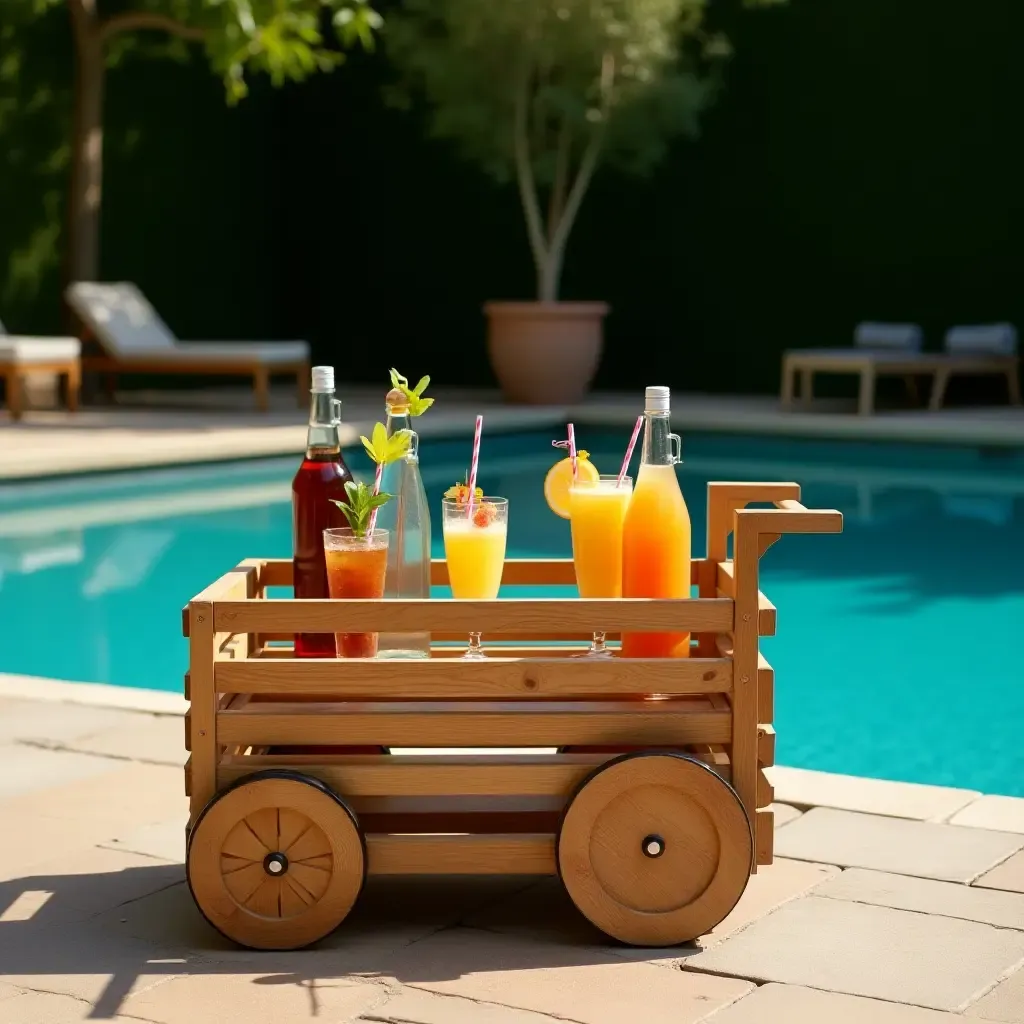 a photo of a wooden bar cart filled with drinks by the pool