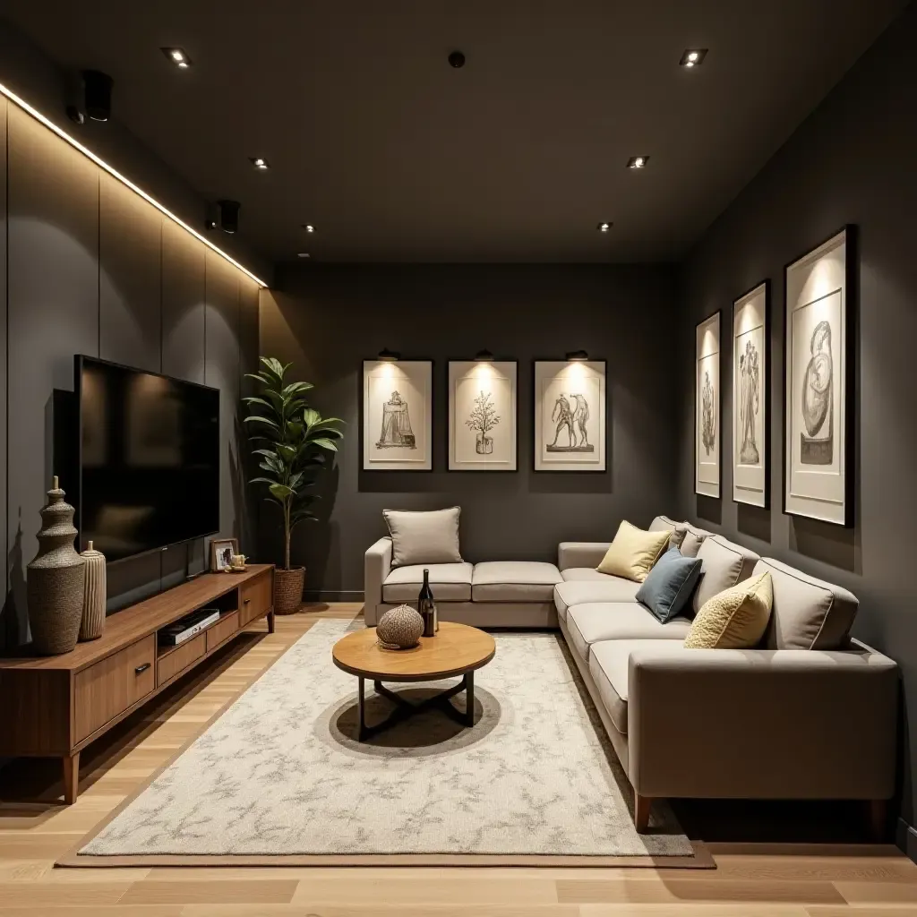 a photo of a stylish basement with a gallery wall and comfortable seating