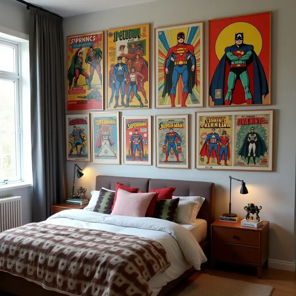 a photo of a retro comic book gallery wall with superhero art and vintage comic covers in a teen&#x27;s room