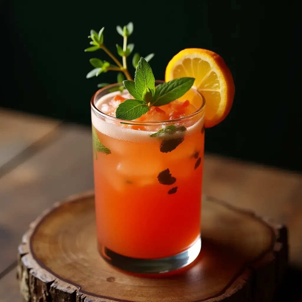 a photo of a vibrant Italian-inspired cocktail with fresh herbs and citrus slices on a rustic wooden table.