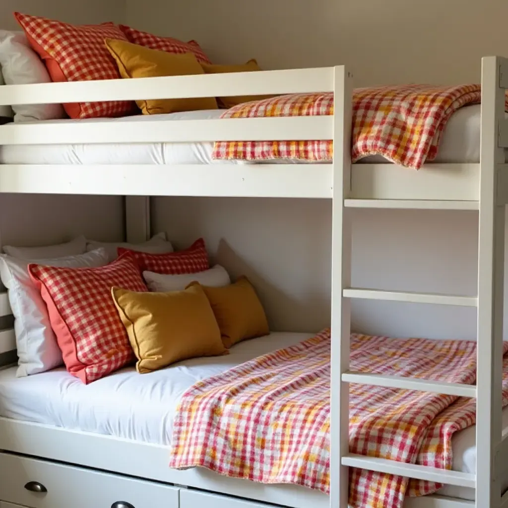 a photo of vibrant throw pillows arranged on a bunk bed