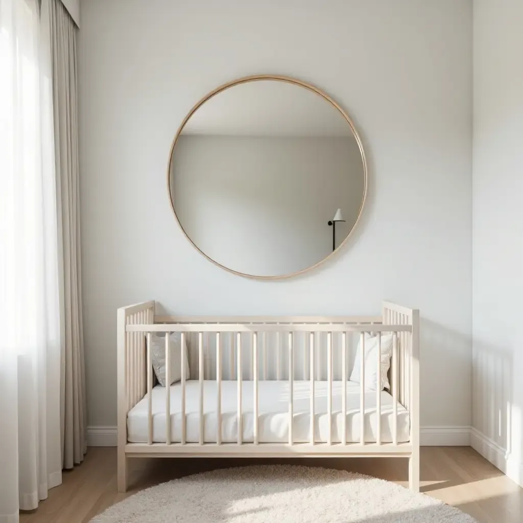 a photo of a nursery with a ceiling mirror creating depth