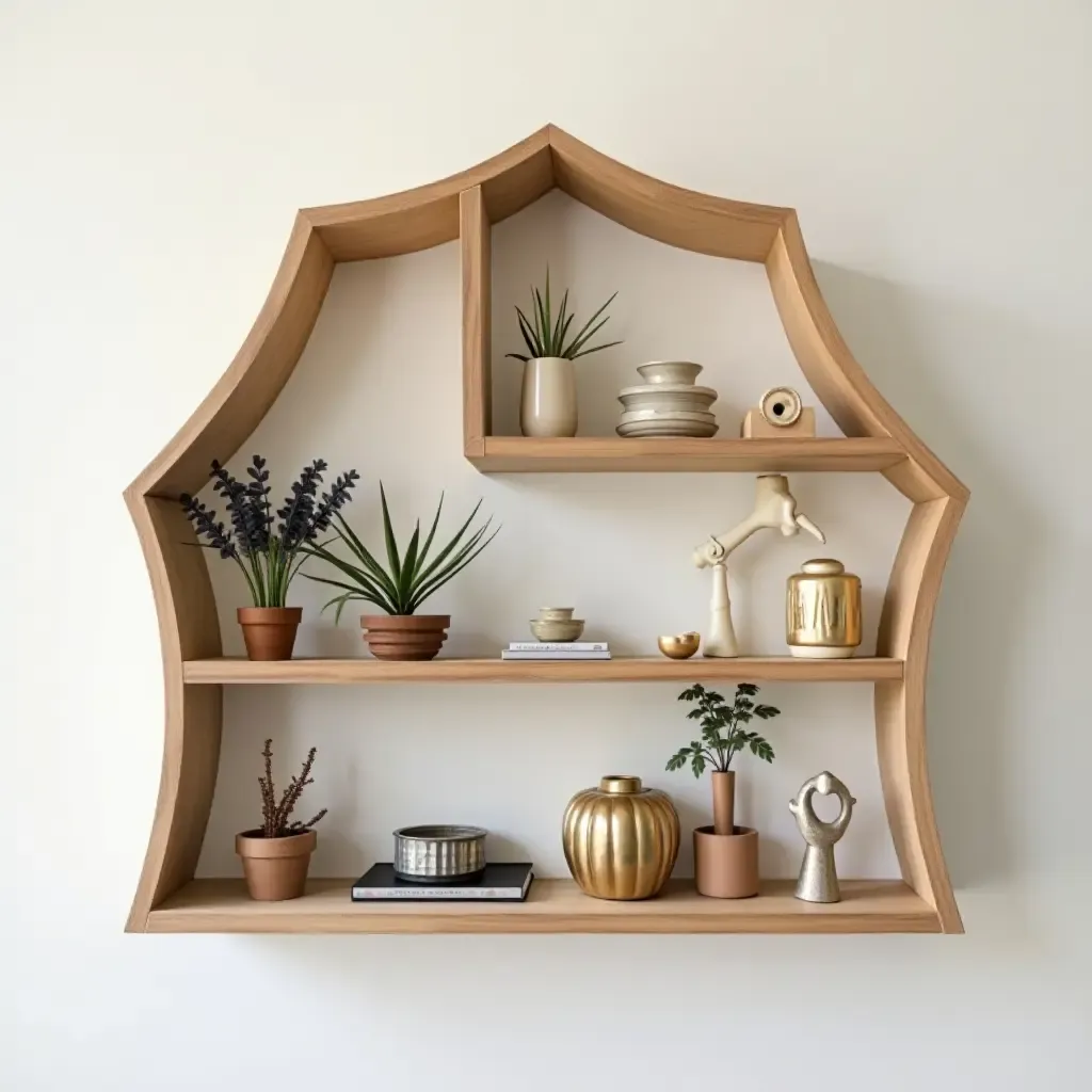 a photo of a whimsical wall shelf displaying quirky items