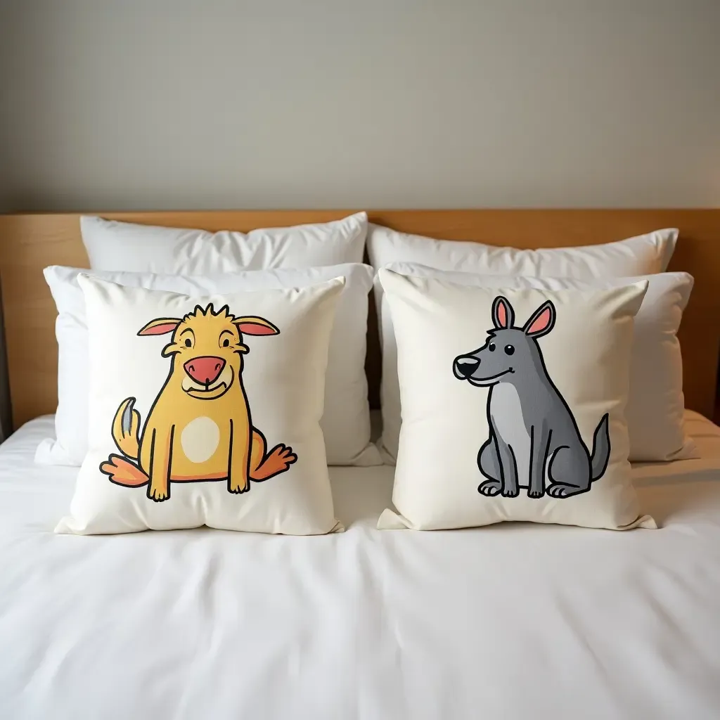 a photo of throw pillows with classic cartoon characters on a bed