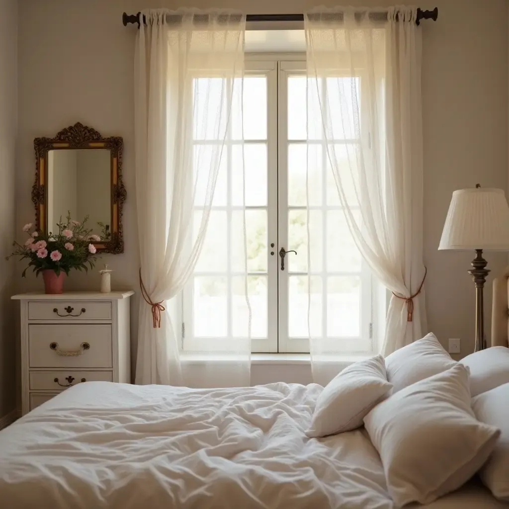 a photo of a romantic bedroom with a vintage mirror and delicate lace curtains