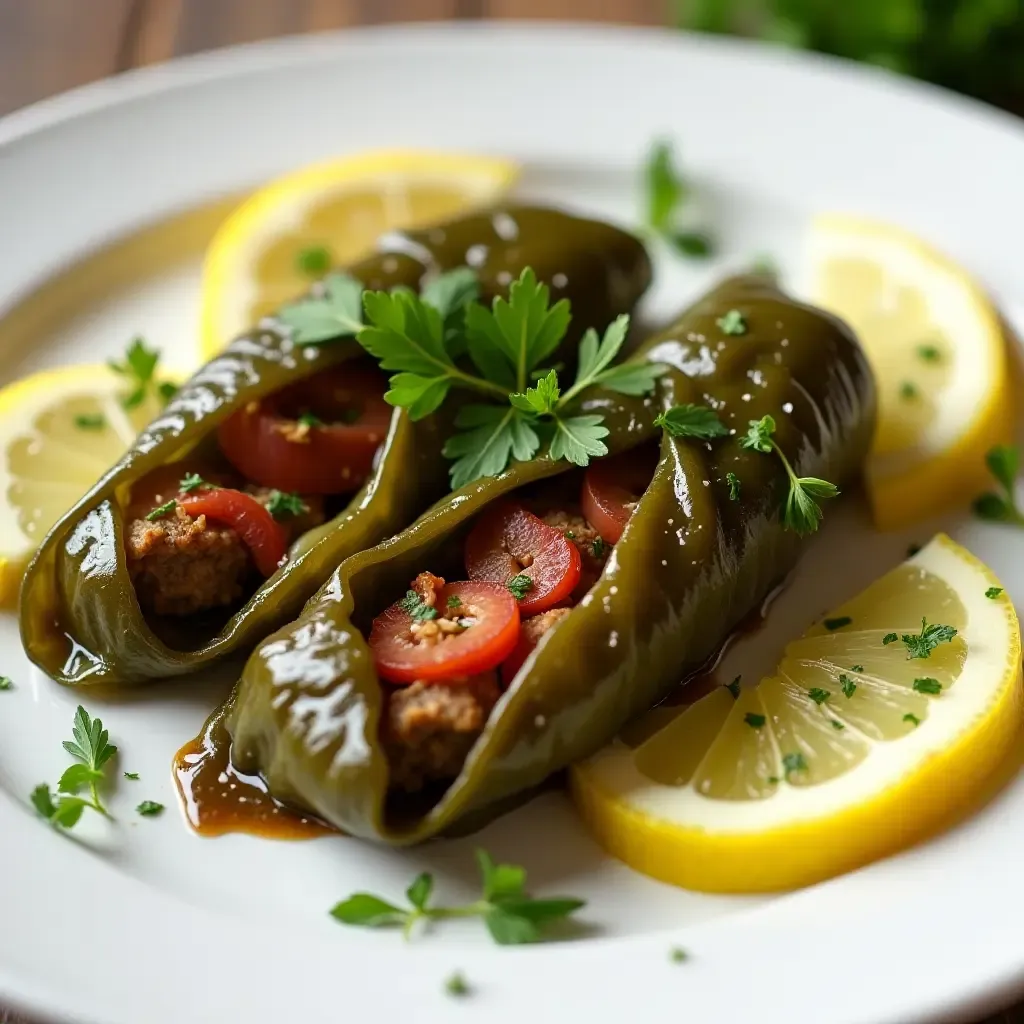 a photo of elegant Greek stuffed grape leaves with lemon slices and fresh herbs.