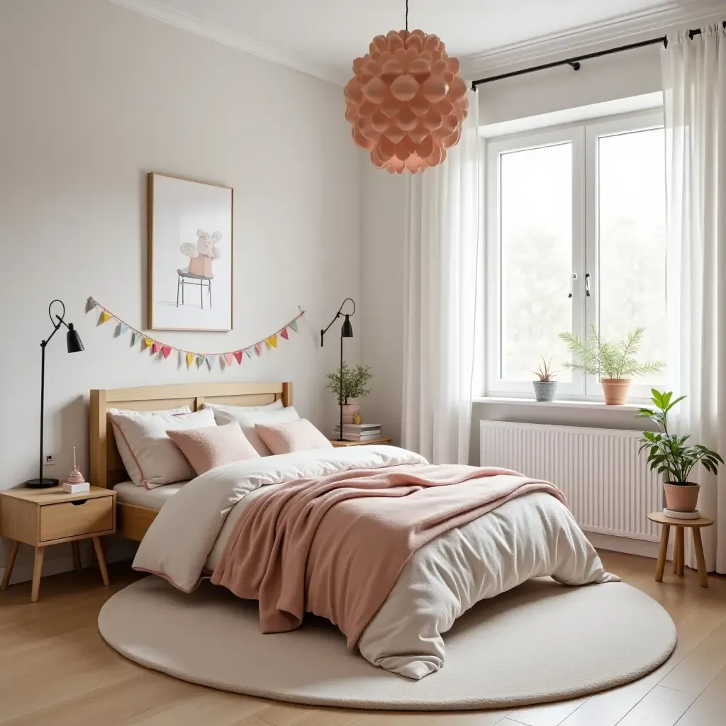 a photo of a chic kids&#x27; bedroom with Scandinavian style and a fun color scheme