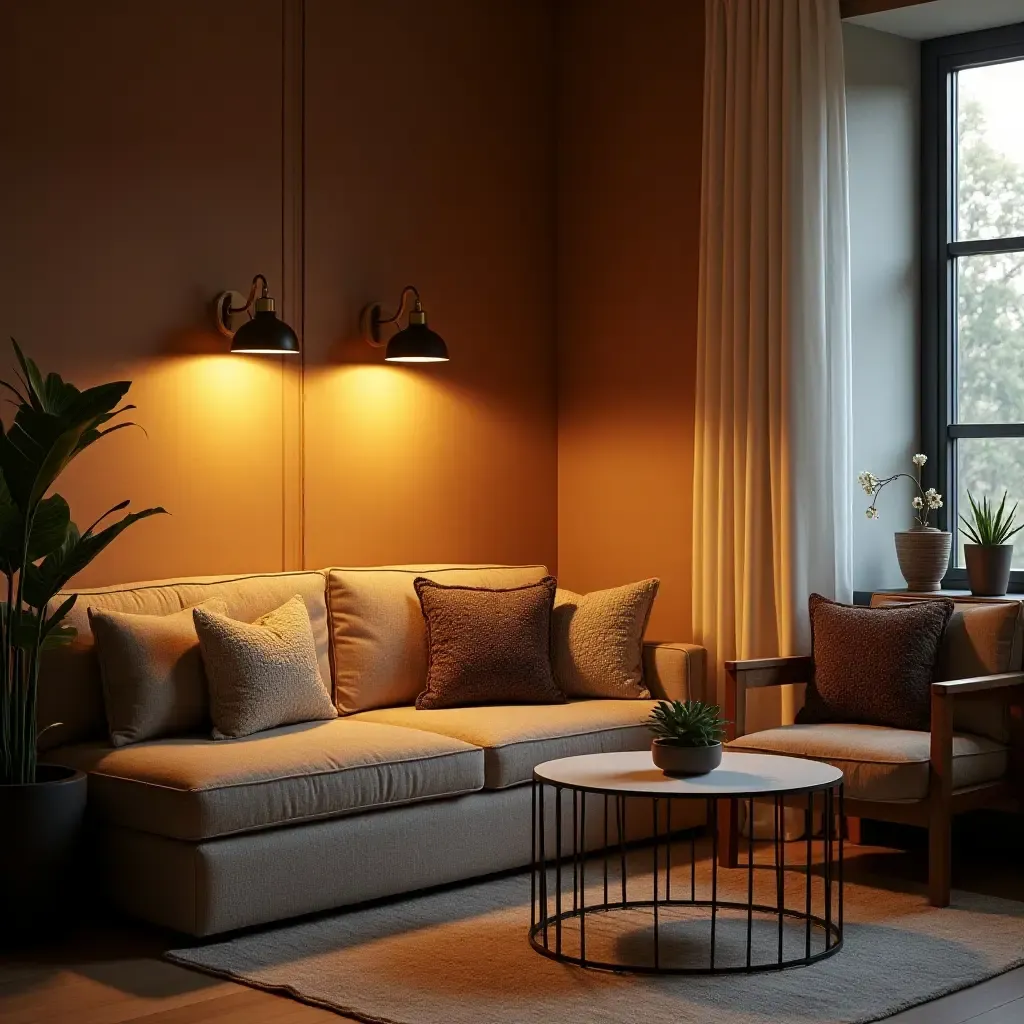 a photo of a chic reading nook with stylish lighting and decorative pillows