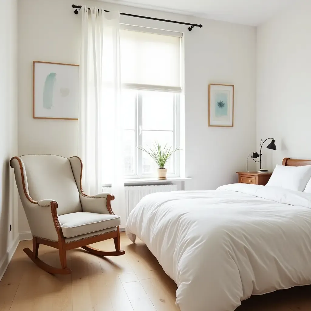 a photo of a bright bedroom with a vintage rocking chair beside a modern bed