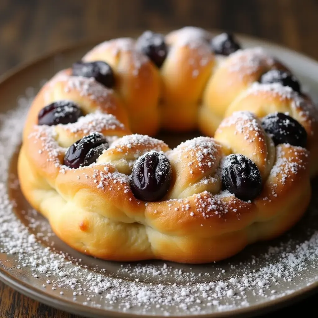 a photo of a fluffy Far Breton with prunes, dusted with powdered sugar, on a ceramic dish.